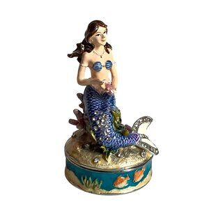 Portman Mermaid Sitting on Rock Sea Floor Enamel Crystals Figurine Box 4"x2.5"